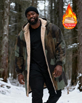 Big & Tall Men's Hunting Style Vintage Camouflage Print Velvet Thickened Long Hooded Coat